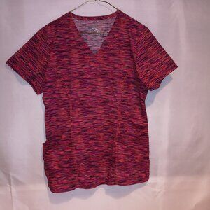 Health Scrub Ladies Size Medium Short Sleeves Multi Colored Fitted V-neck Scrub